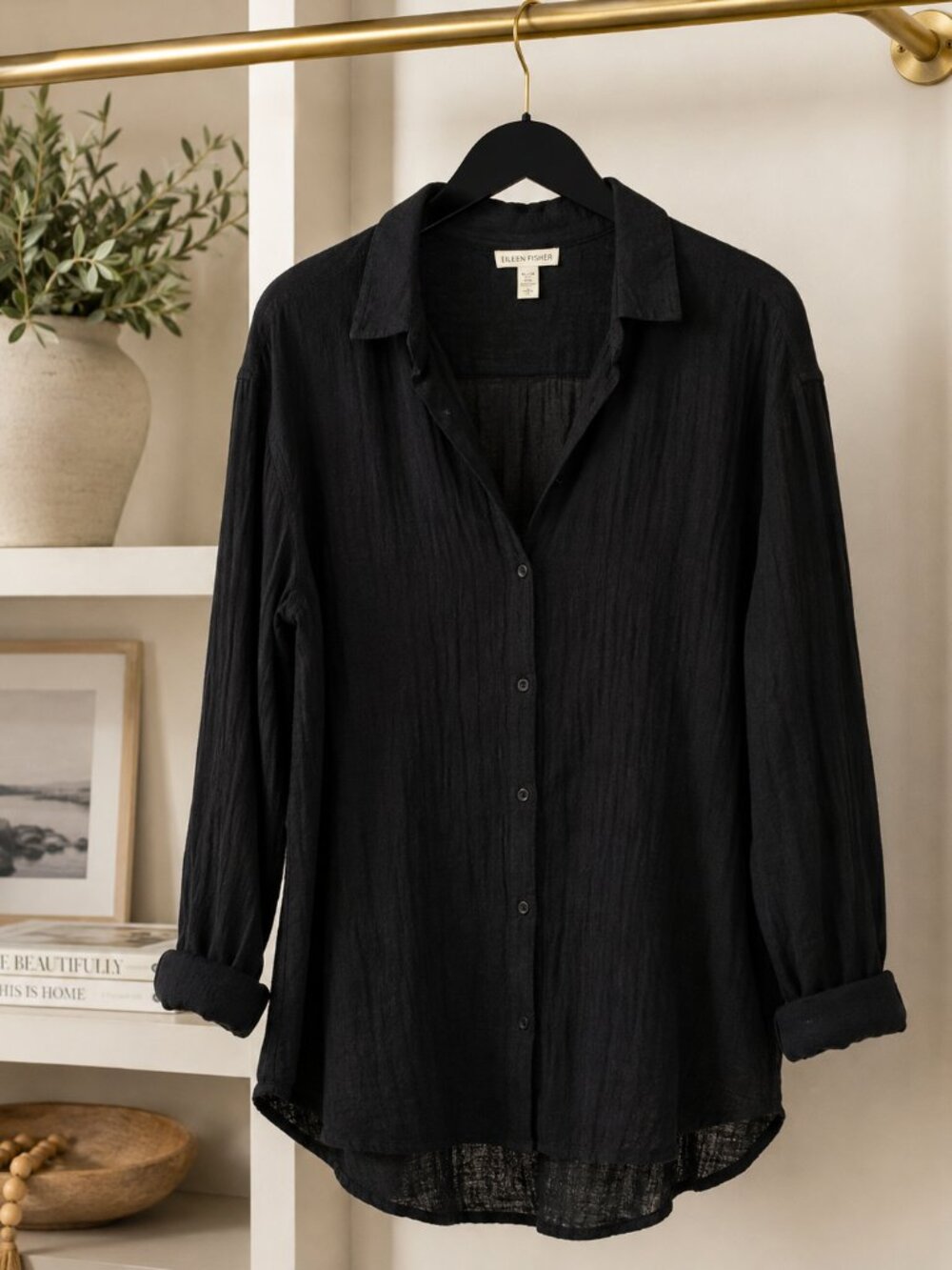 Eileen Fisher Organic Cotton Gauze Button Front Shirt XL Relaxed Lightweigh